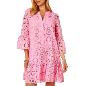 Lilly Pulitzer Bekah 3/4 Sleeve Pinwheel Eyelet Dress Peony Pink Size Medium